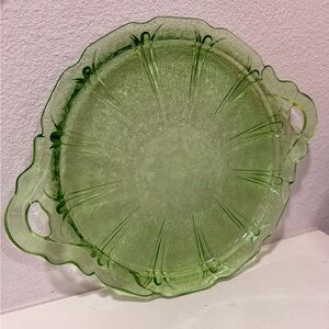 Vintage Green Depression Glass Serving Tray 12” Floral Etched Double Handle